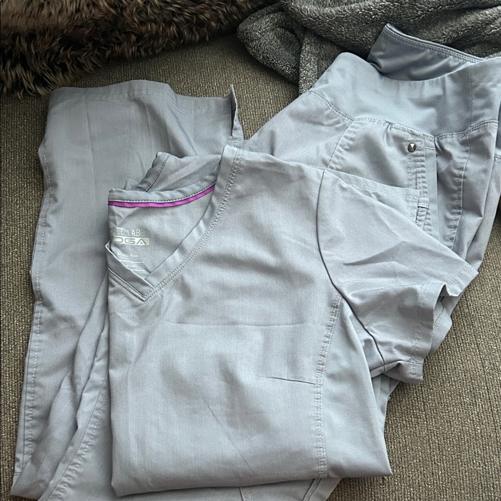 Purple Label Yoga Brand Light Gray Scrub Set